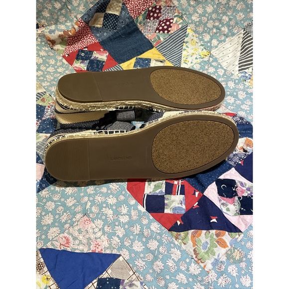 Lands' End Canvas Espadrilles Size 9.5 B Navy Blue Ecru Nautical Stripe Sandals - Picture 7 of 9